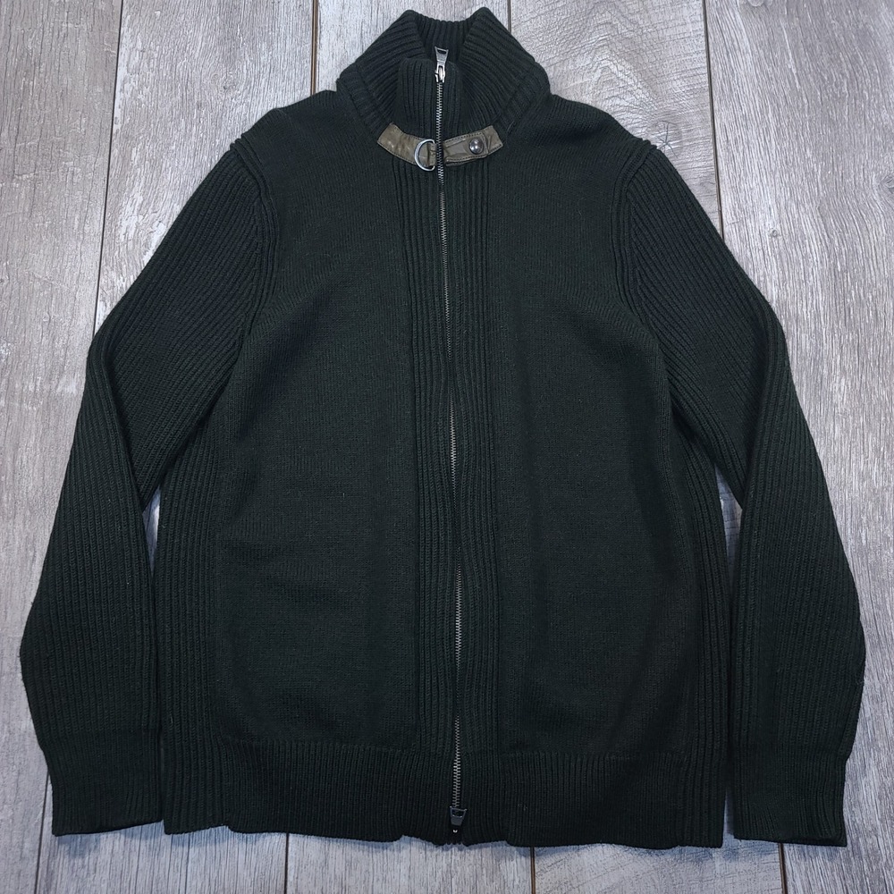 Banana Republic Cardigan Mens XL Green Merino Wool Leather Tab Full Zip Sweater